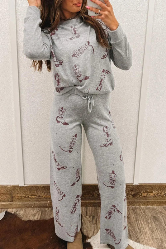 Loungewear & Sleepwear/Loungewear Gray / S / 95%Polyester+5%Elastane Gray Cowgirl Boots Printed Long Sleeve Top Pants Lounge Set