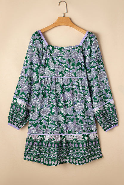 Green Floral Print Piping Trim Bubble Sleeve Square Neck Dress