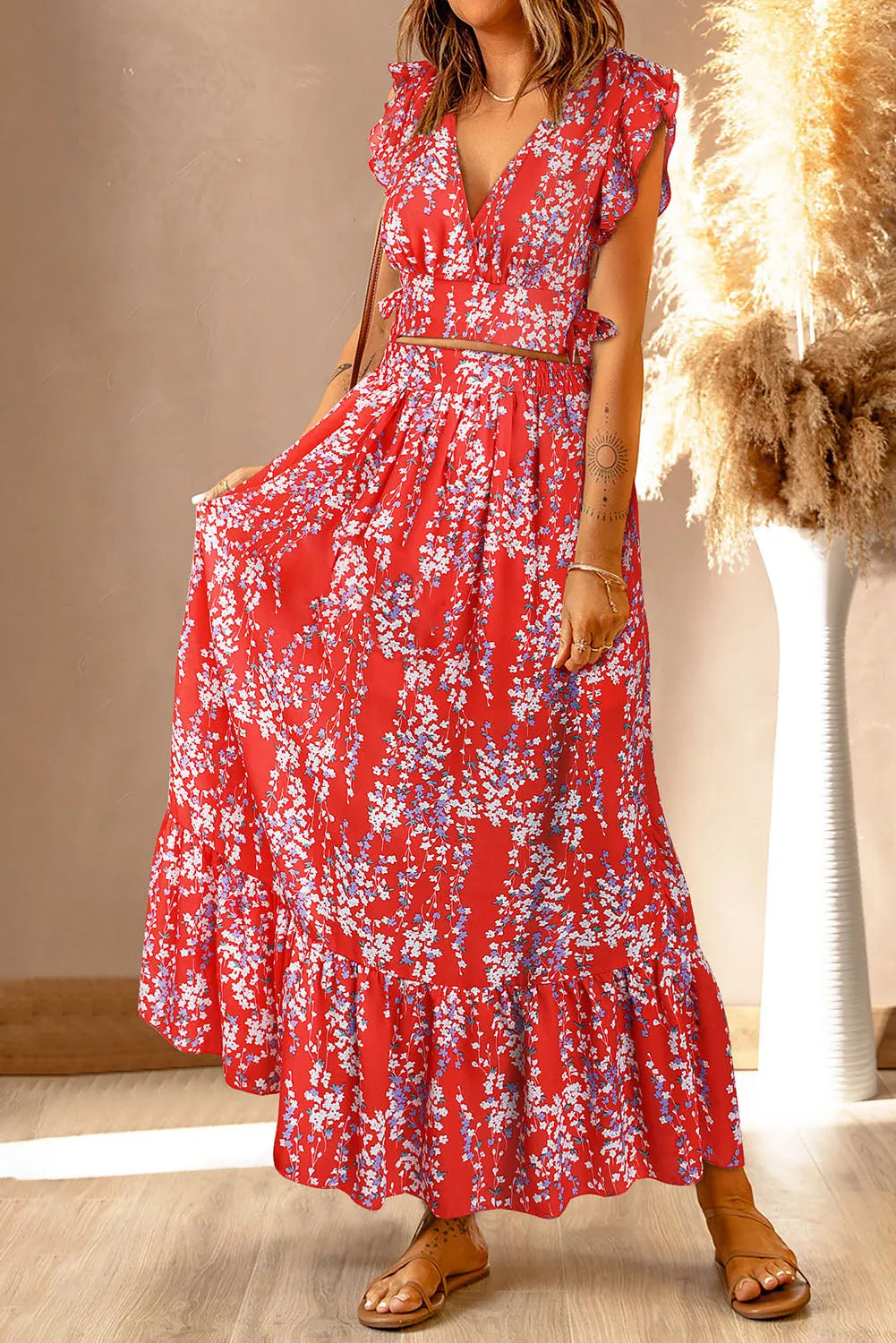 Fiery Red Multicolor Floral Ruffled Crop Top and Maxi Skirt Set - Chic Meadow Boutique 