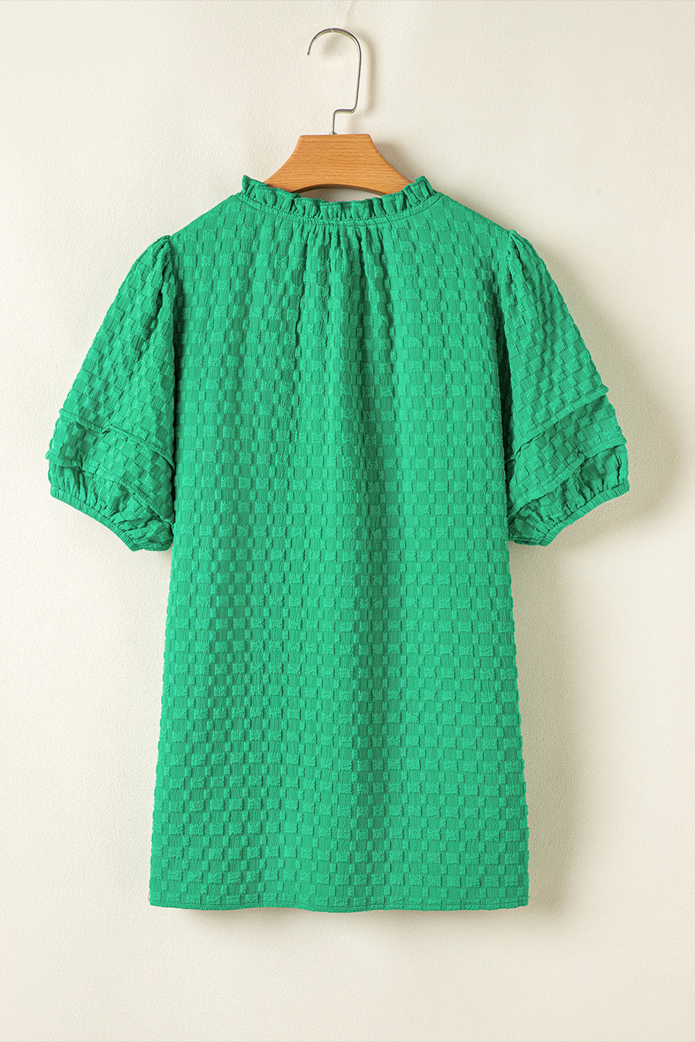 Bright Green Textured Puff Short Sleeve Notched V Neck Top