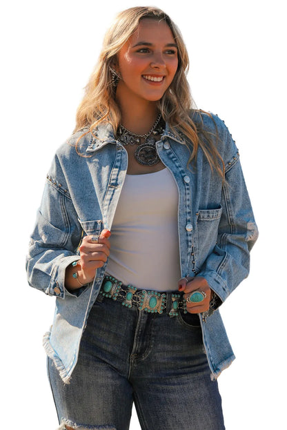 Sky Blue Studded Acid Wash Denim Jacket - Chic Meadow Boutique 