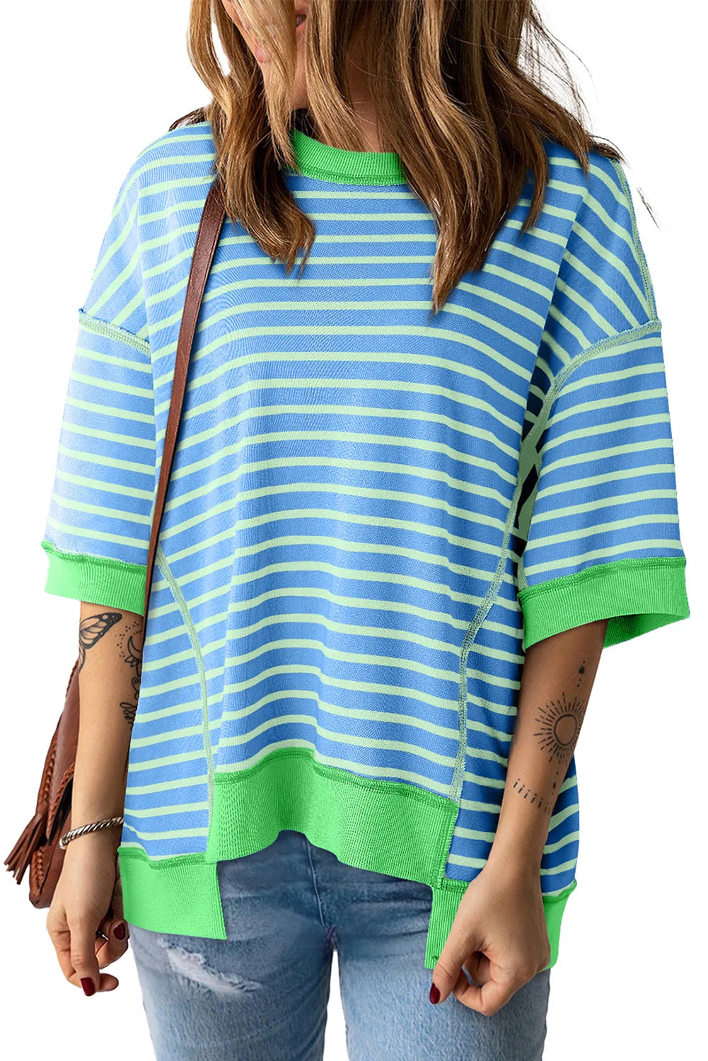 Sky Blue Stripe Oversized Contrast Trim Exposed Seam High Low T Shirt - Chic Meadow Boutique 