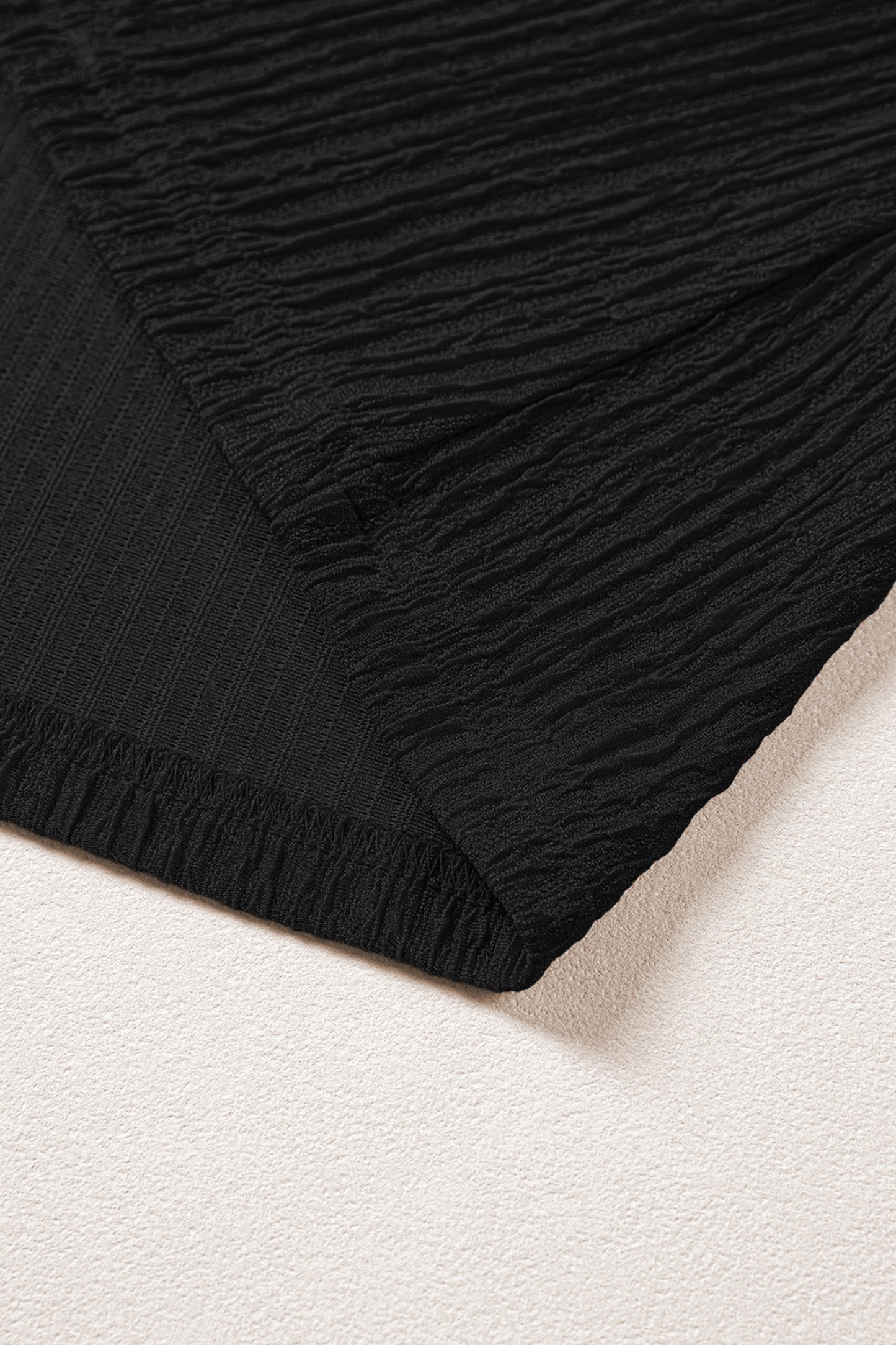 Black Solid Color Textured Ruffle Trim Short Sleeve Blouse
