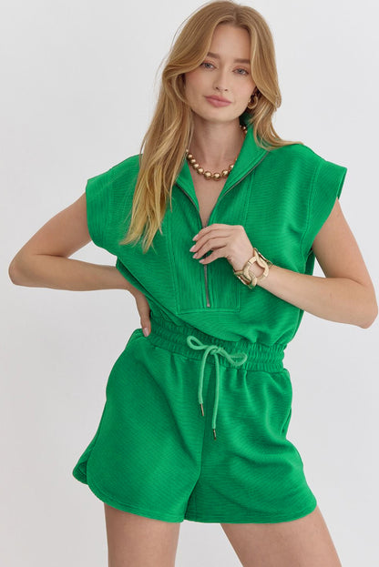 Bright Green Textured Short Sleeve Half Zip Drawstring Waist Romper