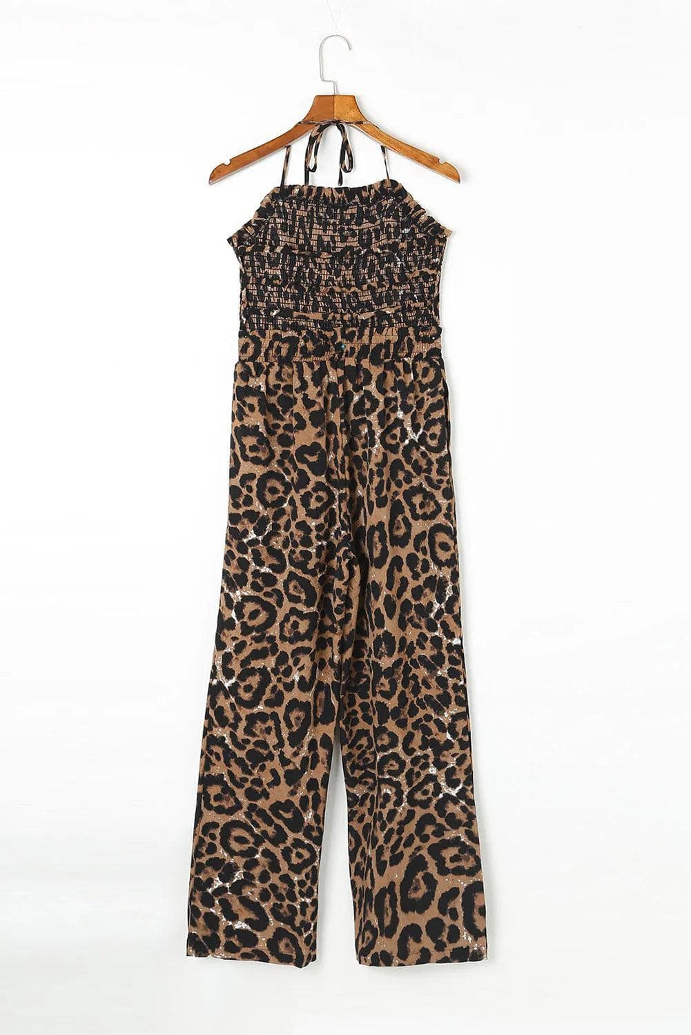 Leopard Print Halter Neck Backless Wide Leg Jumpsuit - Chic Meadow Boutique 