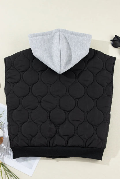 Black Quilted Drawstring Hooded Zip Up Puffer Vest - Chic Meadow Boutique 