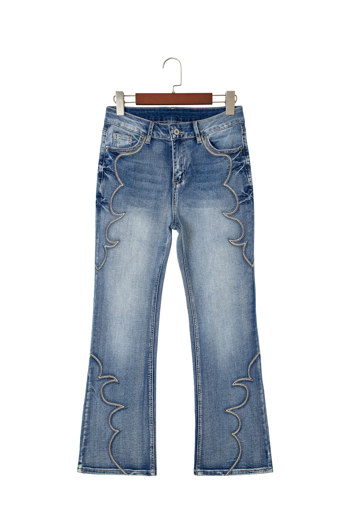 Blue Western Embroidered Flare Full Length Jeans