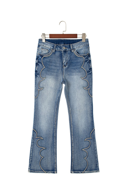 Blue Western Embroidered Flare Full Length Jeans