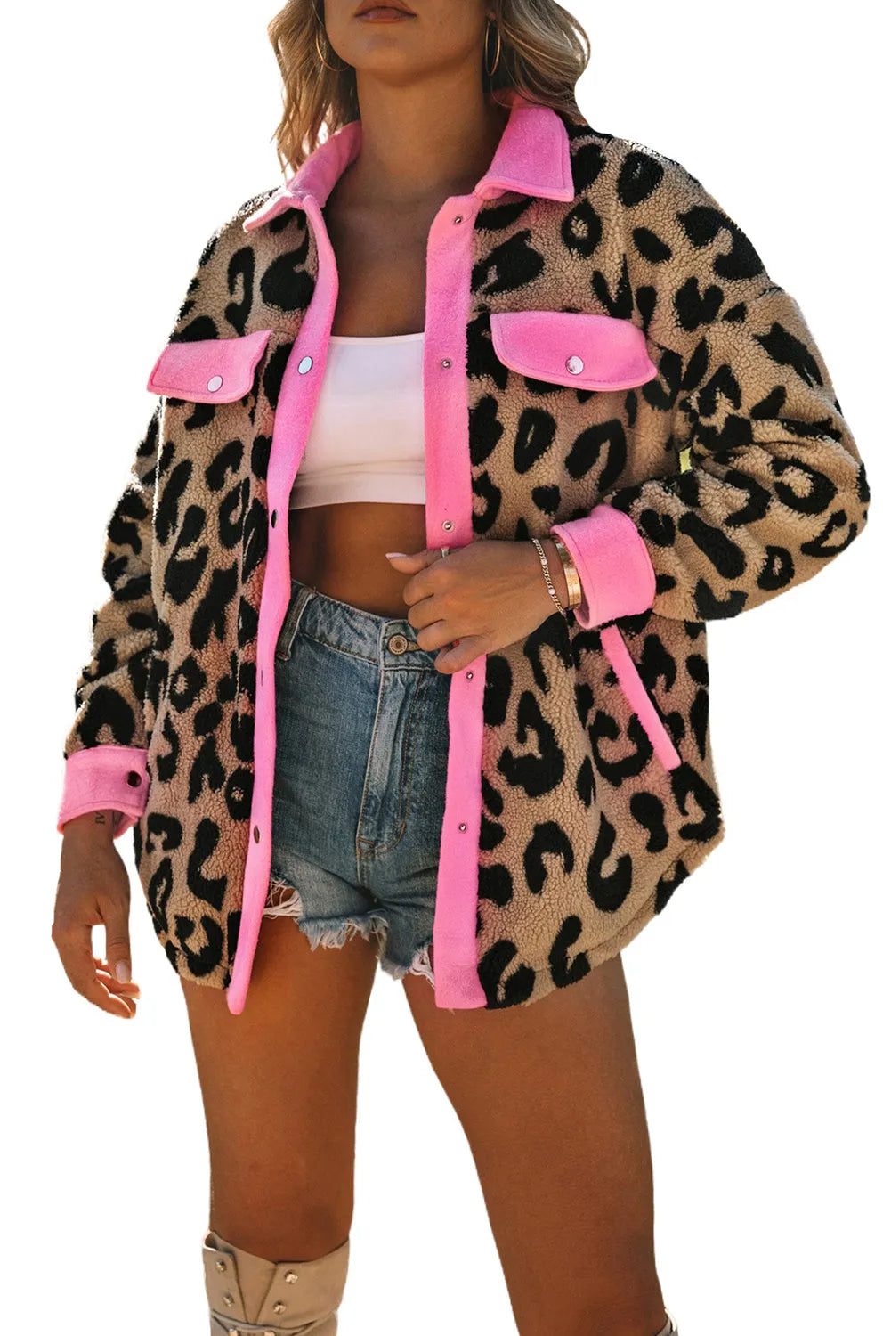 Outerwear/Jackets Leopard Contrast Trimmed Leopard Teddy Shacket