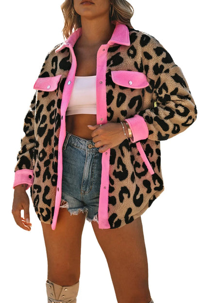 Leopard Contrast Trimmed Leopard Teddy Shacket - Chic Meadow Boutique 