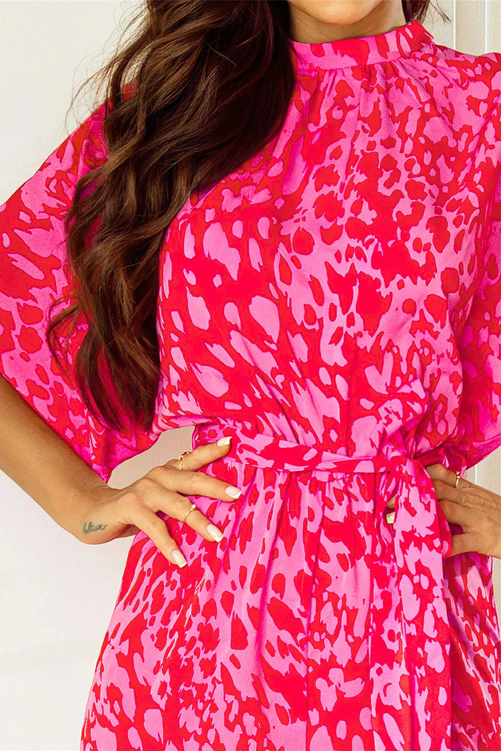 Rose Leopard Loose Sleeve Belted Wide Leg Jumpsuit - Chic Meadow Boutique 