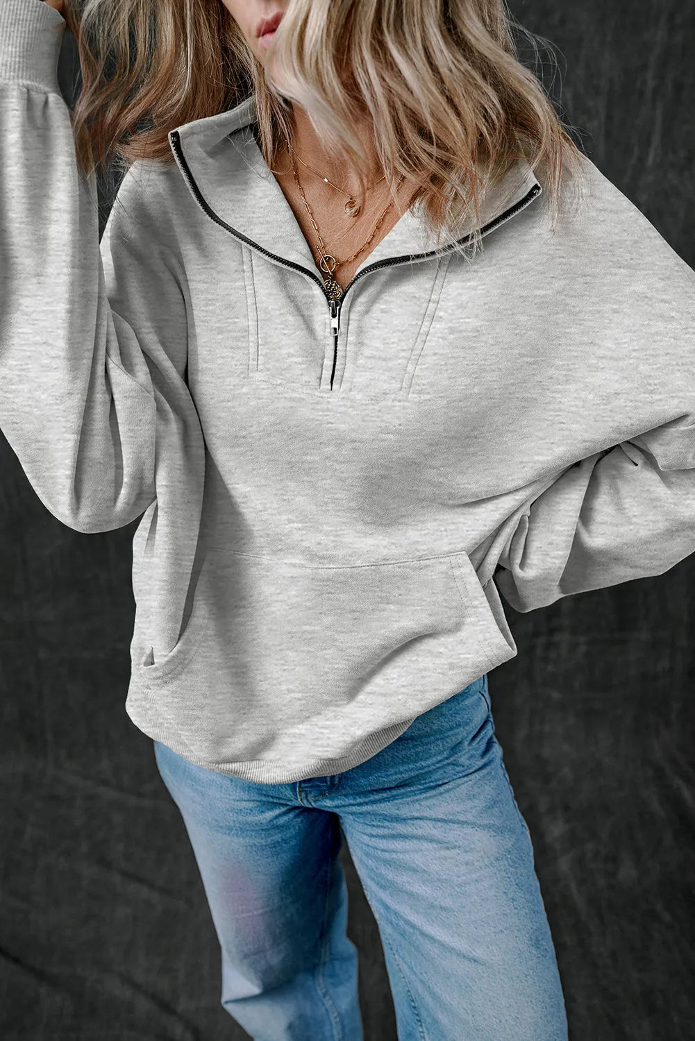 Light Grey Zip-up Stand Neck Kangaroo Pocket Sweatshirt - Chic Meadow Boutique 