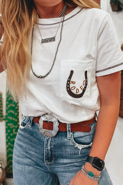 White RODEO Horseshoe Embroidered Patch Pocket T Shirt