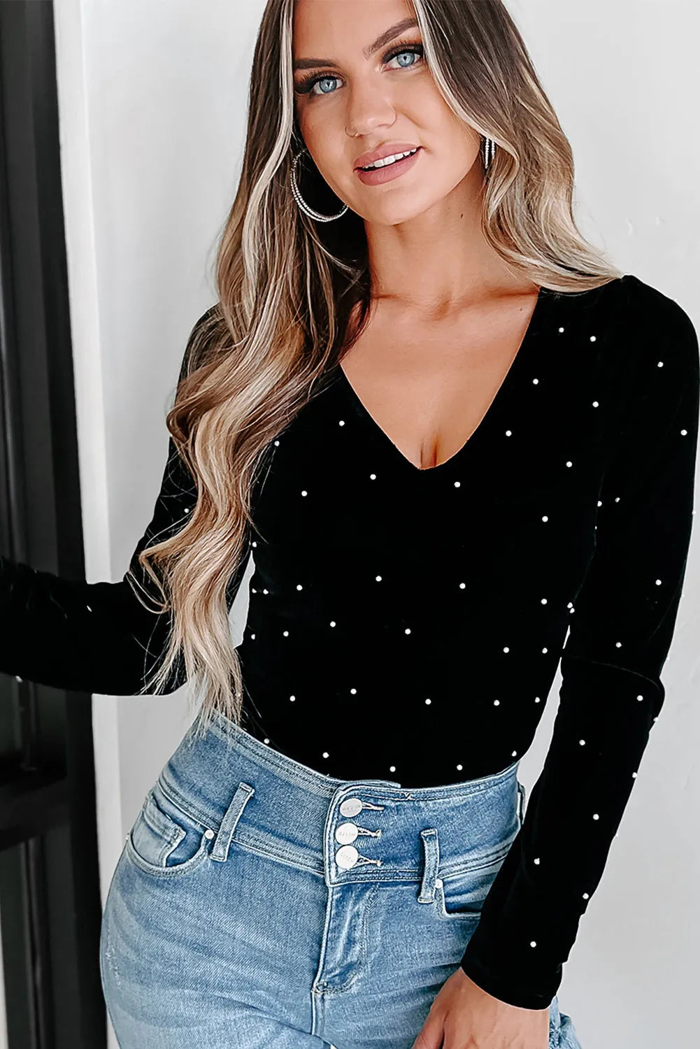 Black Velvet Beaded Long Sleeve V Neck Bodysuit - Chic Meadow Boutique 