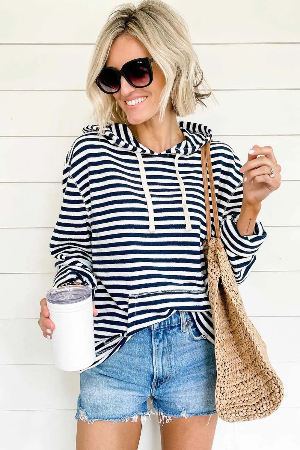 Stripe Kangaroo Pocket Drawstring Hoodie - Chic Meadow Boutique 