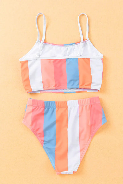 Orange Vertical Striped High Waist Bikini Swimsuit - Chic Meadow Boutique 