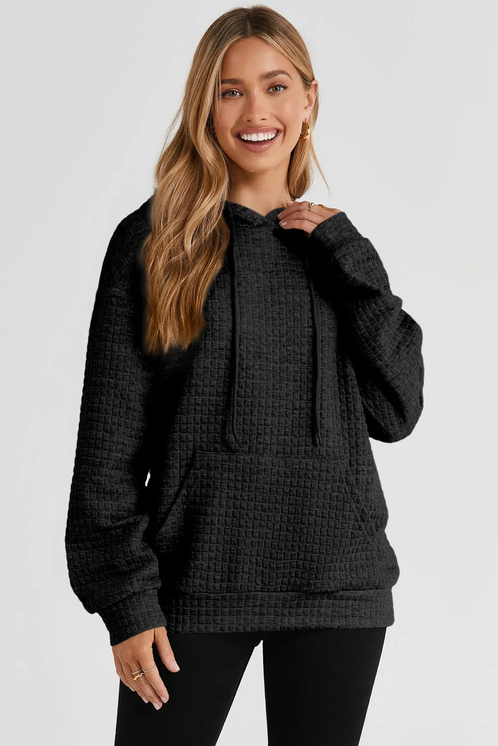 Black Quilted Kangaroo Pocket Drawstring Hoodie - Chic Meadow Boutique 