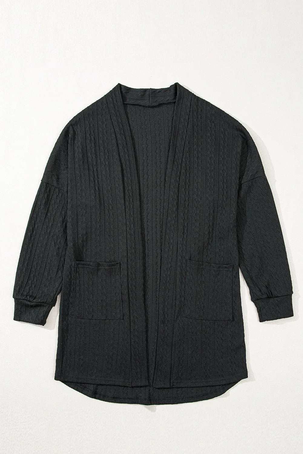 Black Textured Knit Side Pockets Open Front Cardigan - Chic Meadow Boutique 