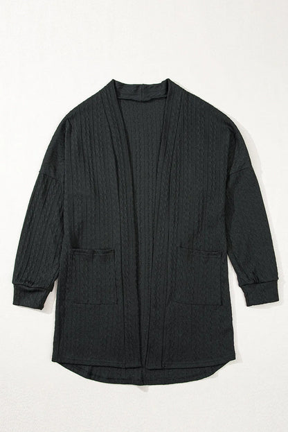 Black Textured Knit Side Pockets Open Front Cardigan - Chic Meadow Boutique 