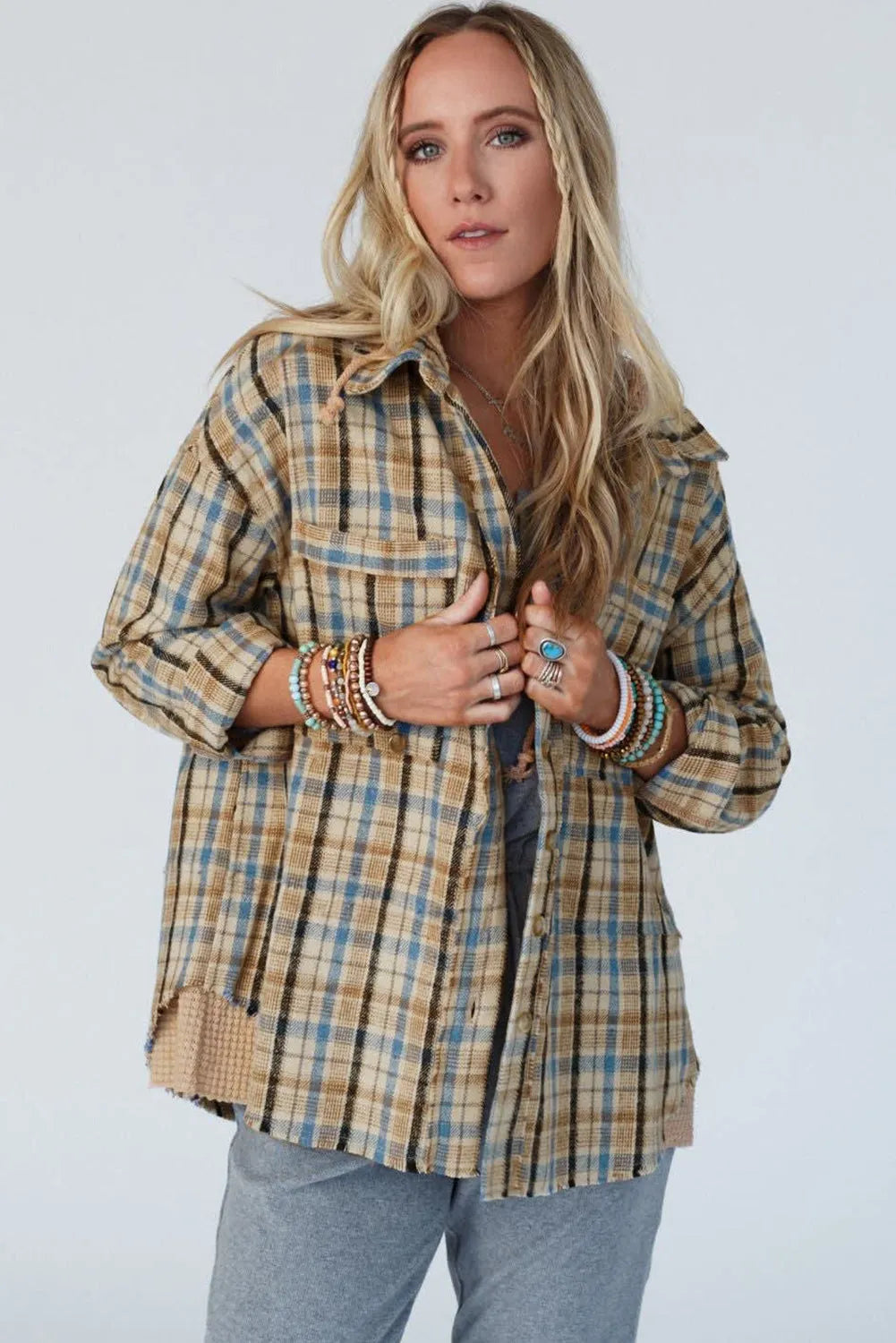 Ashleigh Blue Waffle Knit Patchwork Hooded Plaid Shacket - Chic Meadow Boutique 