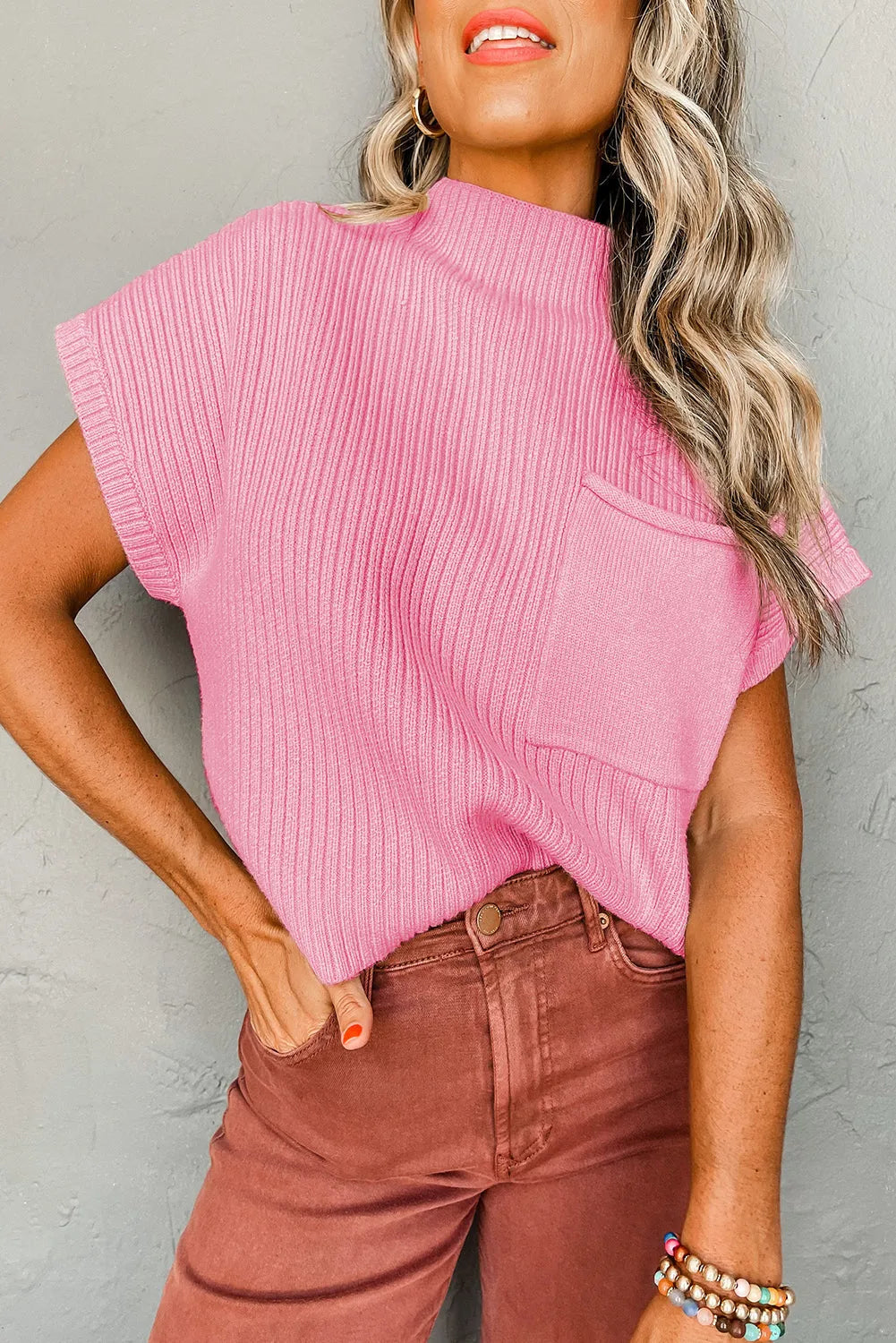 Tops/Short Sleeve Sweaters Pink / S / 50%Viscose+28%Polyester+22%Polyamide Pink Patch Pocket Ribbed Knit Short Sleeve Sweater