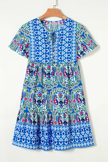 Sky Blue Bohemian Print Tie Neck Ruffle Hem Short Dress - Chic Meadow Boutique 