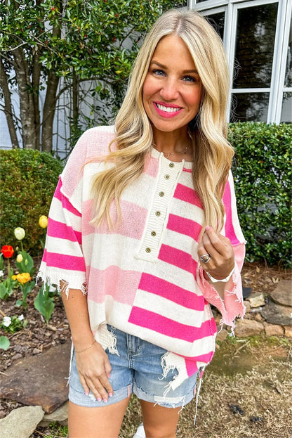 White Stripe Half Button Distressed Patchwork Loose Knit Top - Chic Meadow Boutique 