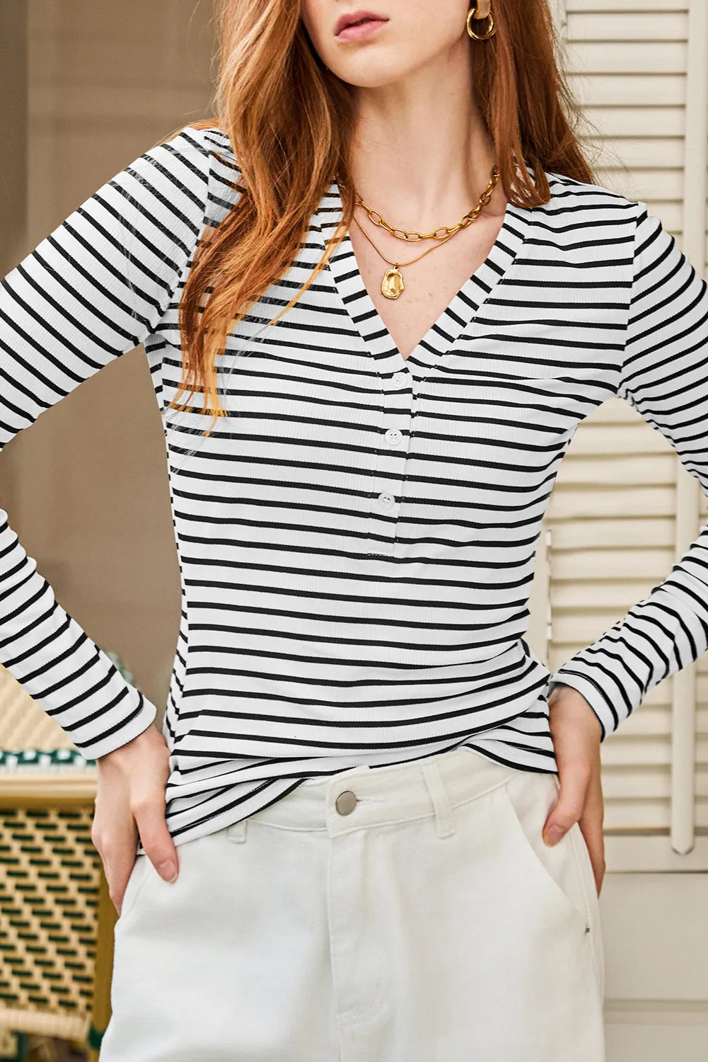 White Stripe Slim Fit Buttoned V Neck Long Sleeve T Shirt - Chic Meadow Boutique 