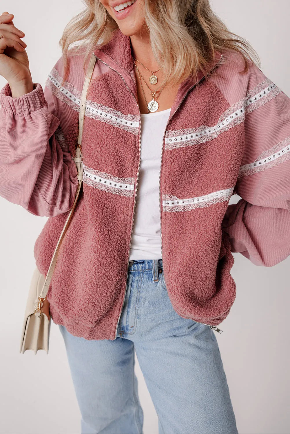 Rose Pink Sherpa Patchwork Lace Elastic Cuff Zip Up Jacket - Chic Meadow Boutique 