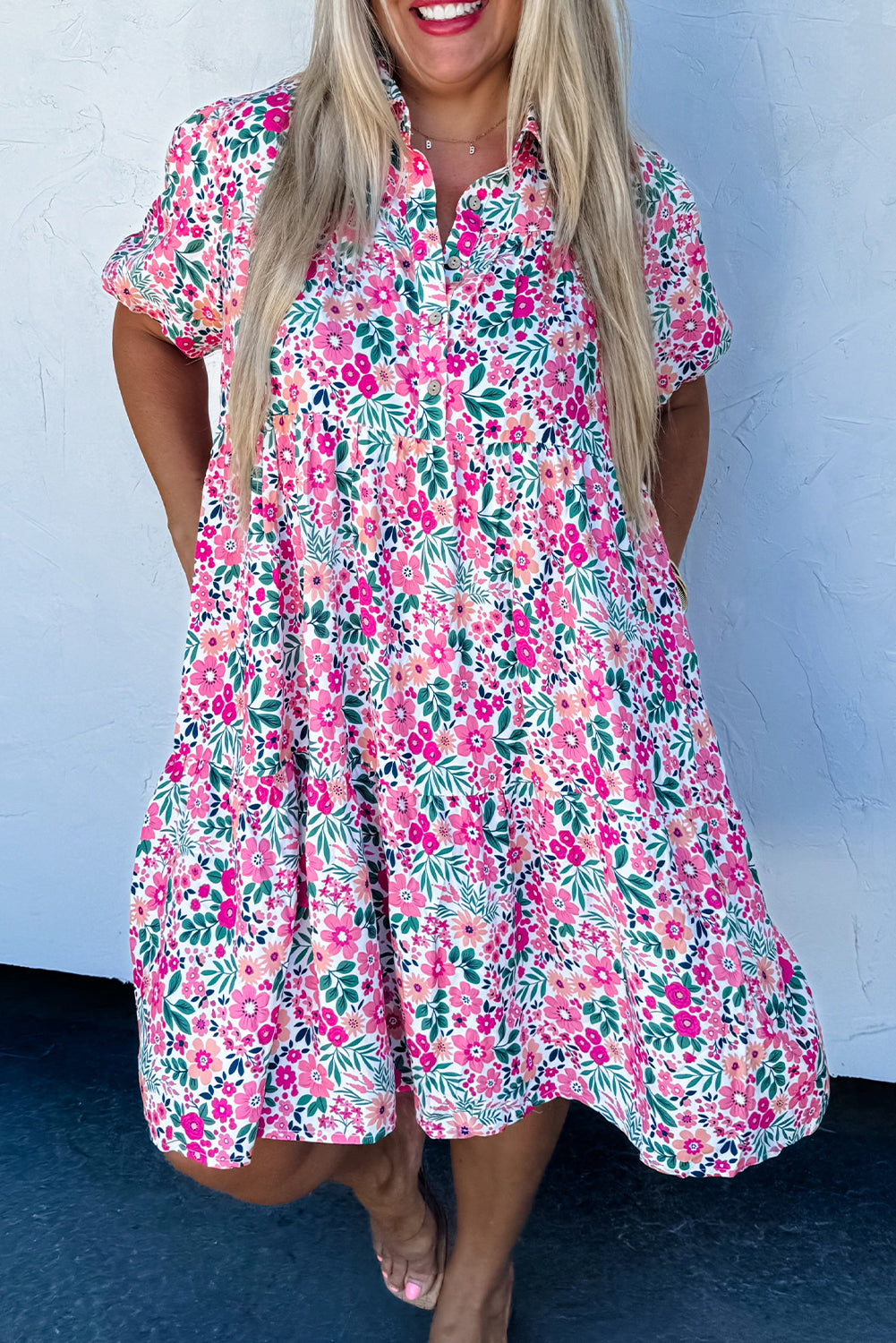 Pink Plus Size Floral Half Button Short Puff Sleeve A-line Dress