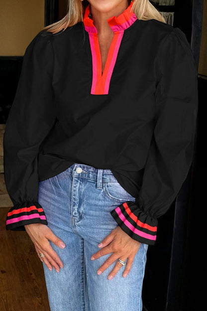 Black Striped Trim Ruffle Split Neck Long Sleeve Blouse