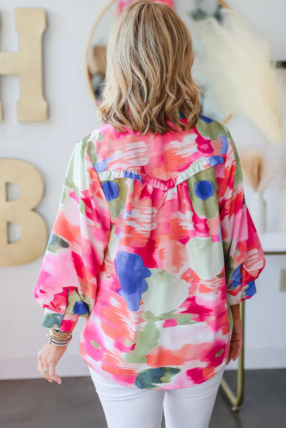 Multicolour Abstract Printed Lantern Sleeve Frilled Button Front Collared Shirt - Chic Meadow Boutique 