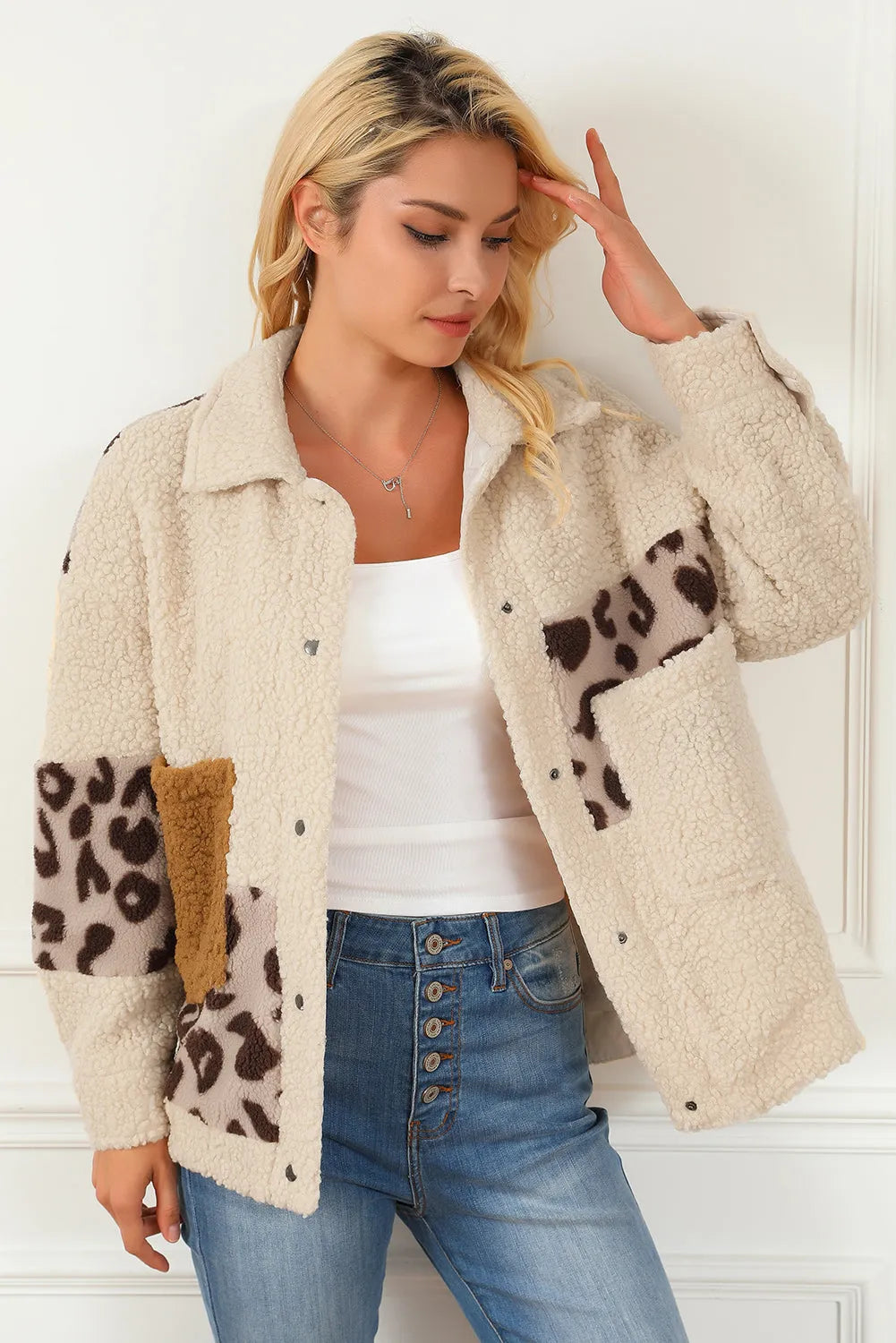 Beige Leopard Patchwork Snap Buttons Sherpa Jacket - Chic Meadow Boutique 