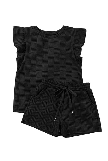 Black Textured Ruffled Sleeve Tee and Drawstring Shorts Set - Chic Meadow Boutique 