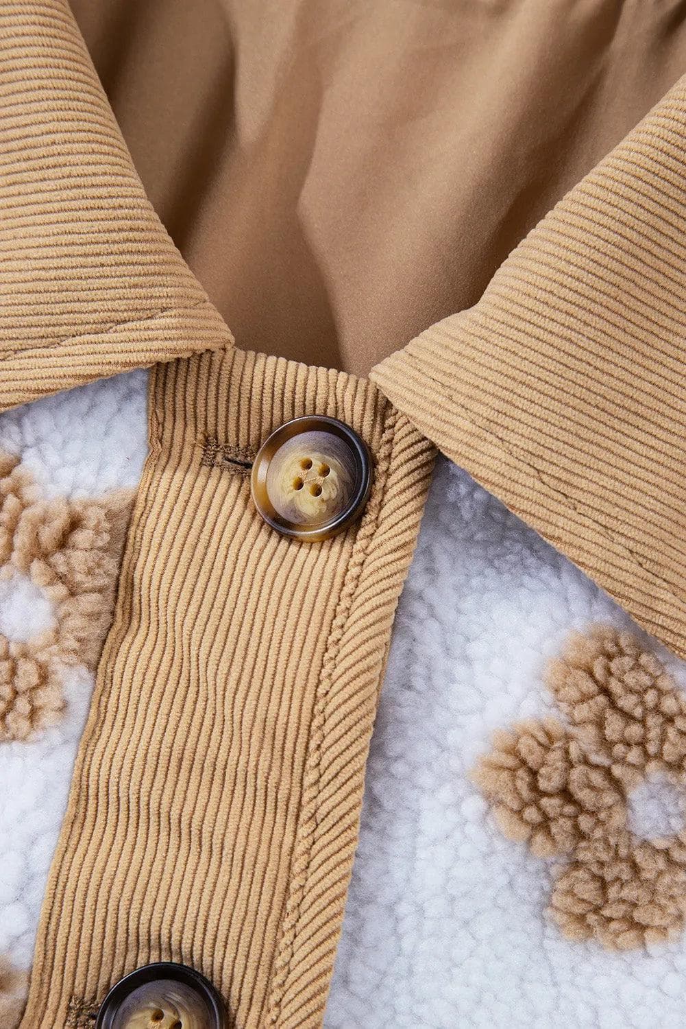 Outerwear/Jackets Light French Beige Cute Flower Pattern Button Up Fleece Jacket