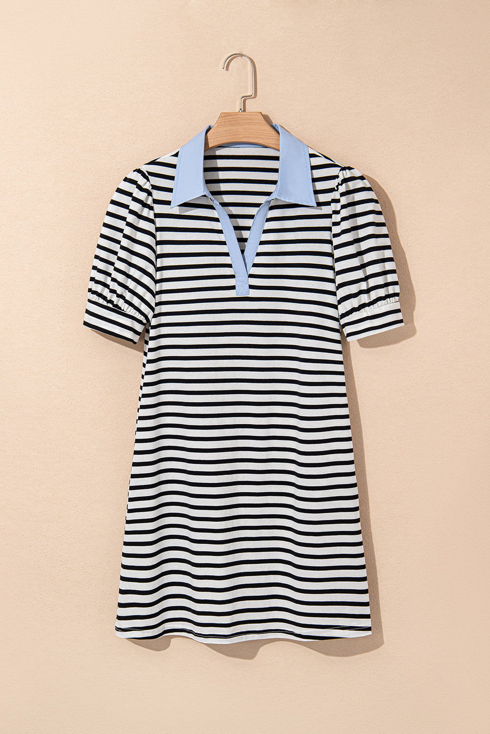 Black Stripe Contrast V Neck Collared Puff Sleeve T Shirt Mini Dress with Pockets