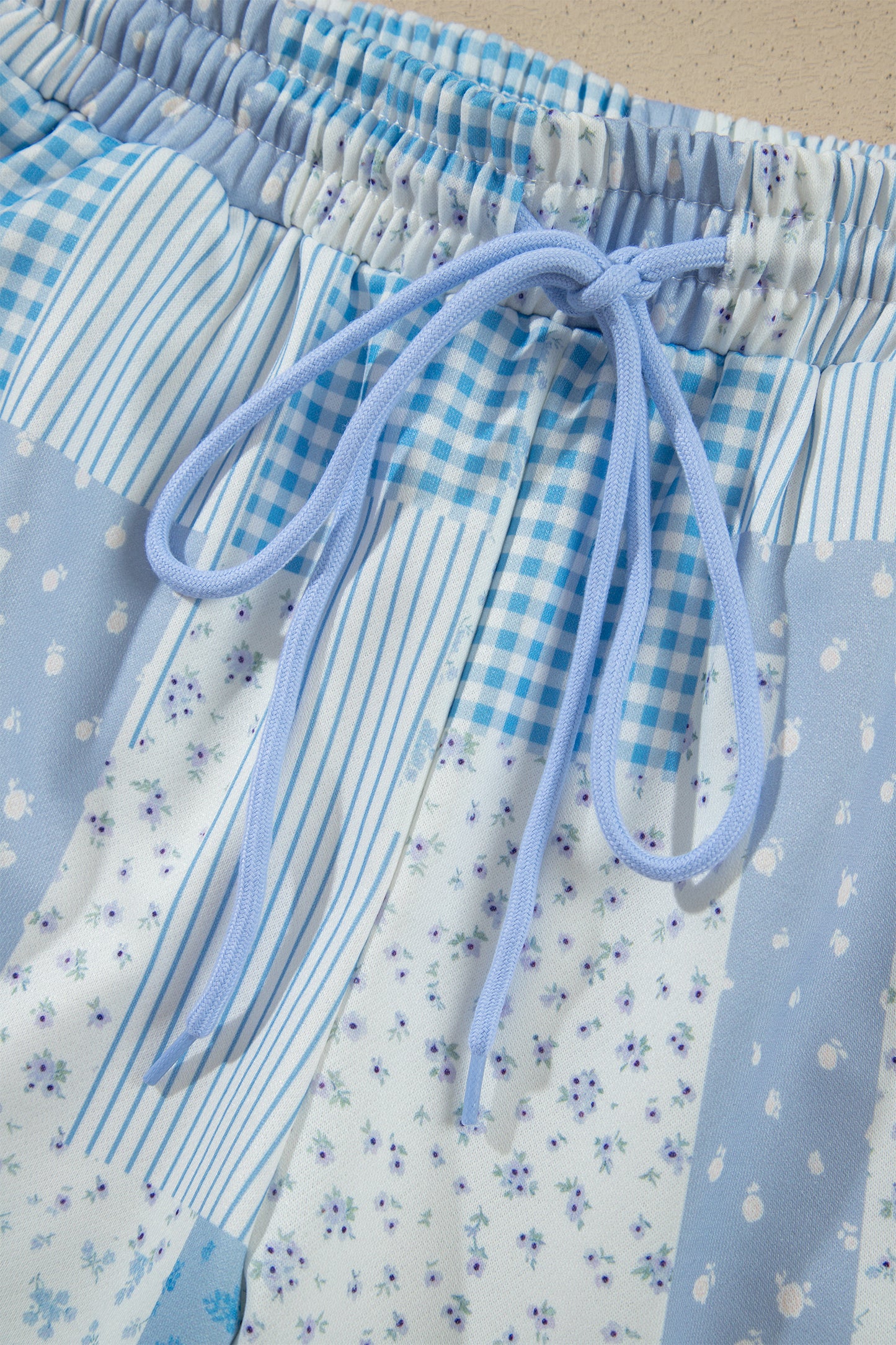 Sky Blue Patchwork Floral Print Drop Shoulder Baggy Pullover Drawstring Shorts Set