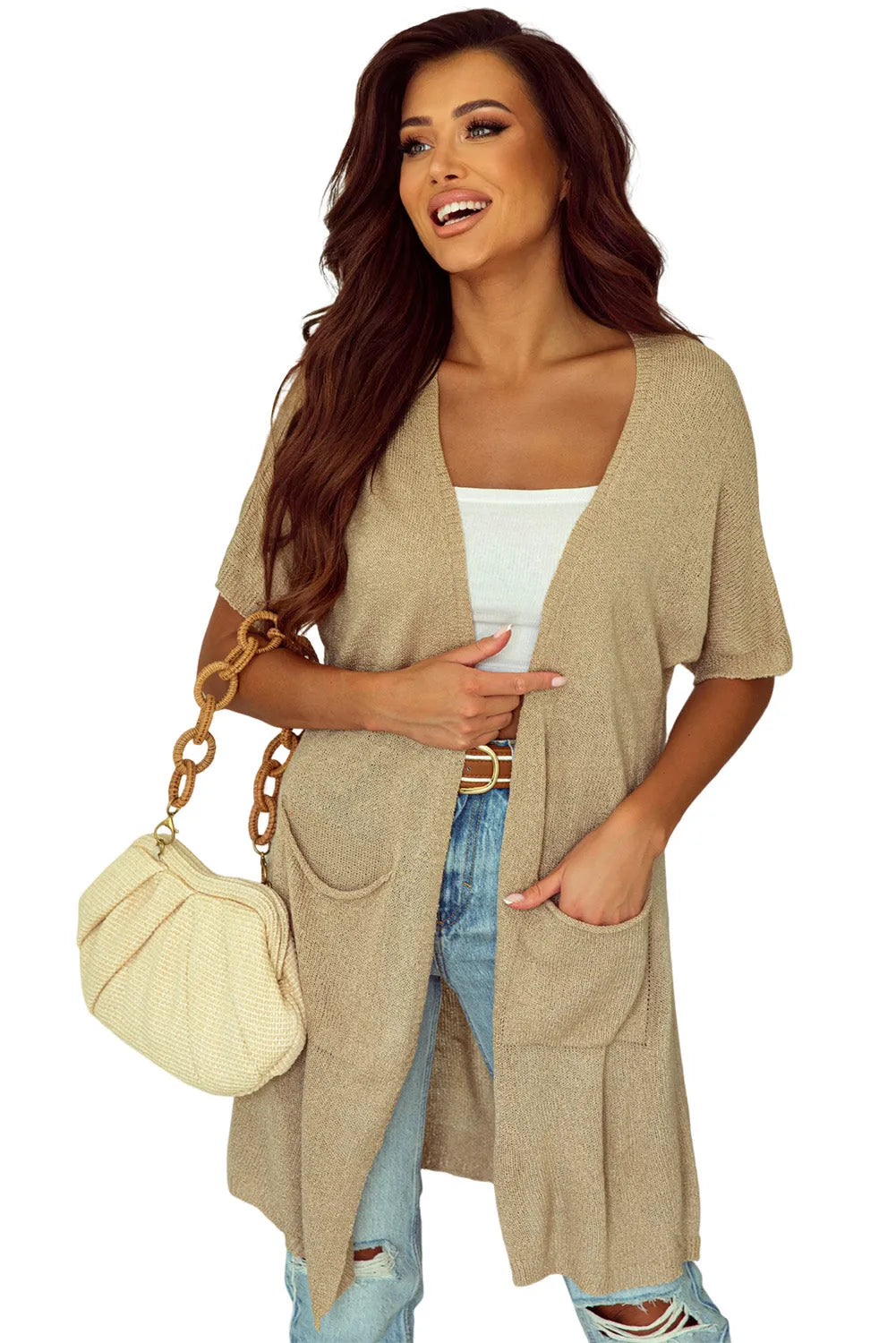 Khaki Dolman Half Sleeve Pocketed Long Cardigan - Chic Meadow Boutique 