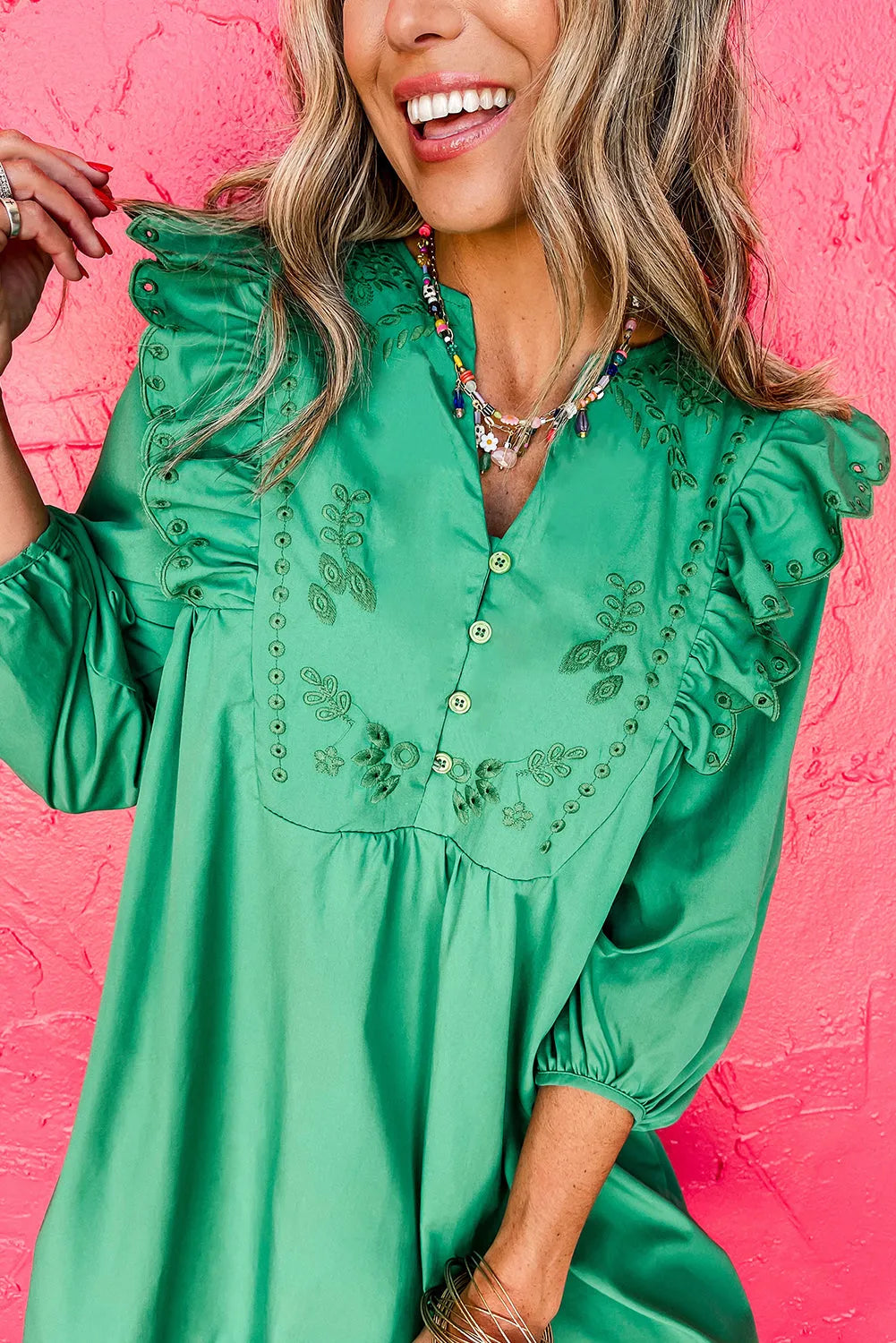 Bright Green Embroidered Ruffled Trim 3/4 Sleeve V Neck Mini Dress - Chic Meadow Boutique 