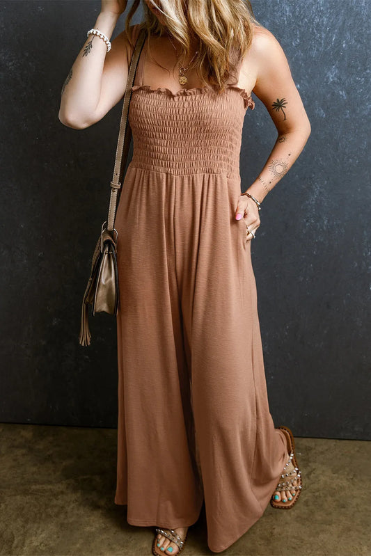 Dusty Pink Ruffled Shirred Wide Leg Sleeveless Jumpsuit - Chic Meadow Boutique 