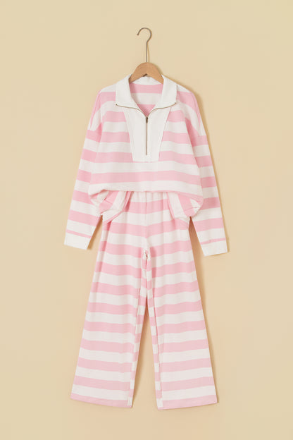 Pink Stripe Color Block Patchwork Zip Long Sleeve Top Elastic Waist Pants Set