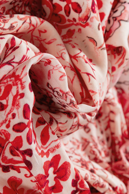 Pink Bohemian Floral Print Tassel Tie Long Sleeve Flowy Mini Dress