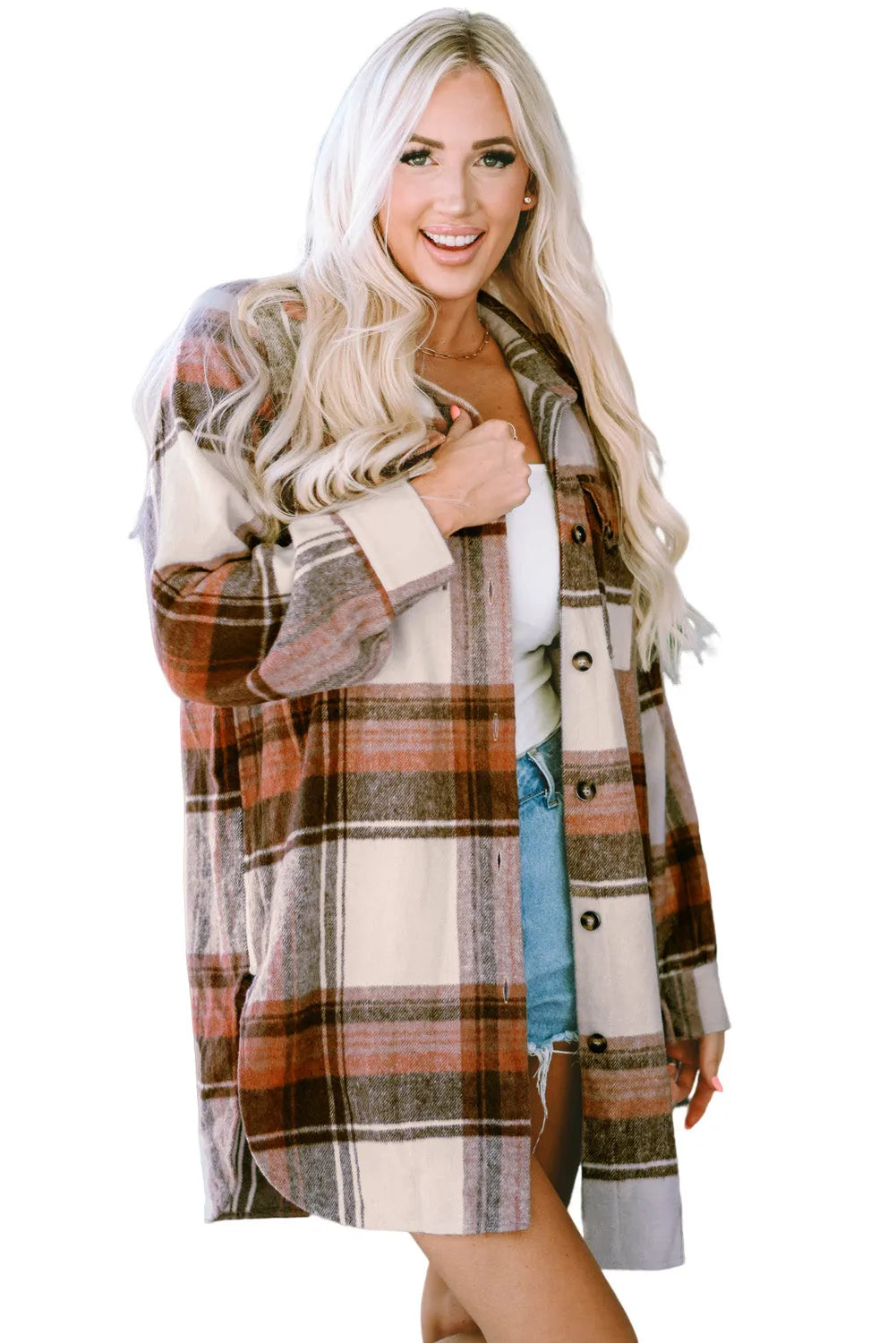 Brown Plaid Print Flap Pockets Long Shacket - Chic Meadow Boutique 