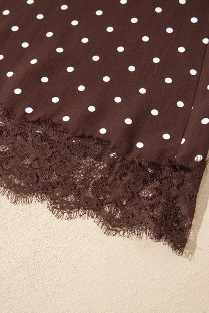 Brown Polka Dot Lace Hem Elegant Long Shift Skirt