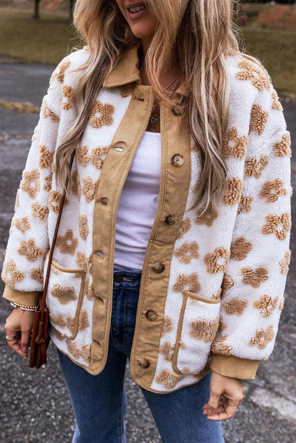 Outerwear/Jackets Light French Beige / S / 100%Polyester Light French Beige Cute Flower Pattern Button Up Fleece Jacket