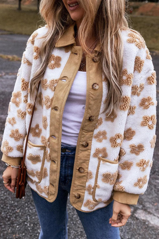 Outerwear/Jackets Light French Beige / S / 100%Polyester Light French Beige Cute Flower Pattern Button Up Fleece Jacket