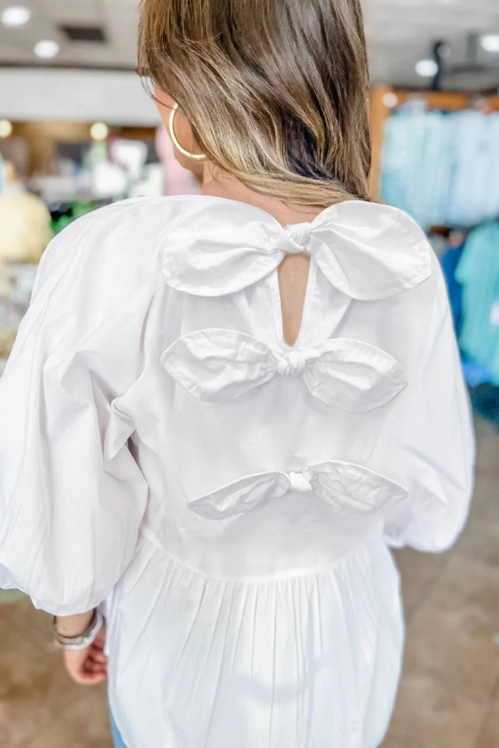 White Bow Knot Cutout Back Loose Fit 3/4 Sleeve Blouse - Chic Meadow Boutique 