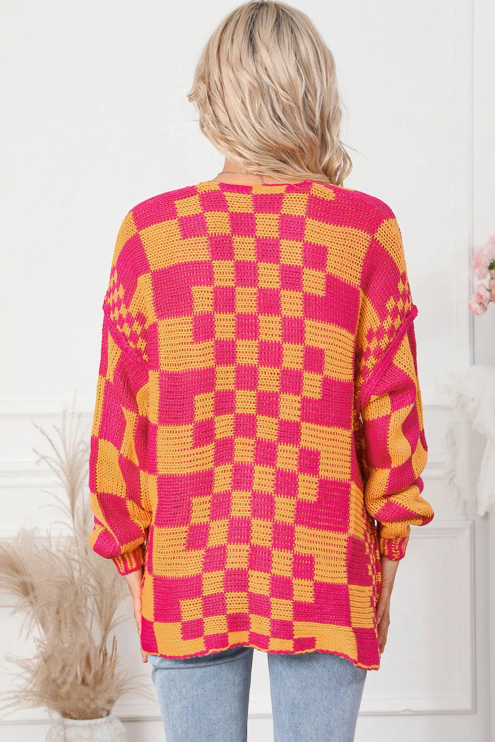 Multicolor Open Front Mixed Checkered Pattern Knit Cardigan - Chic Meadow Boutique 