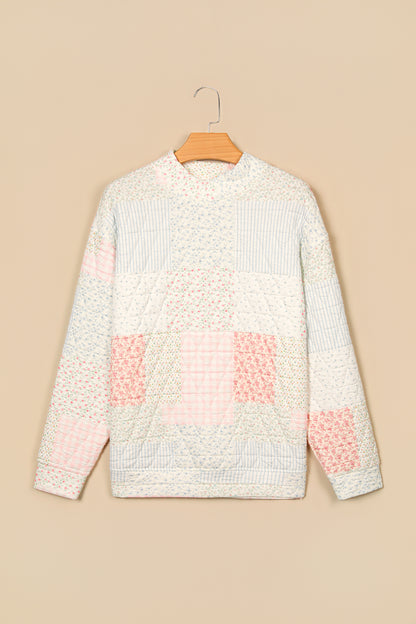 Multicolour Floral Patchwork Quilted Mock Neck Long Sleeve Top