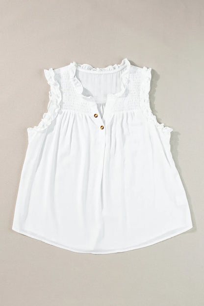 White Button Split Neck Ruffled Trim Tank Top - Chic Meadow Boutique 